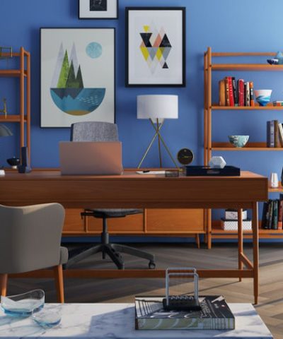 brown-wooden-desk-with-rolling-chair-and-shelves-near-window